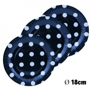 Farfurii carton pentru party, cu buline, negre, 18 cm, 10 buc/set