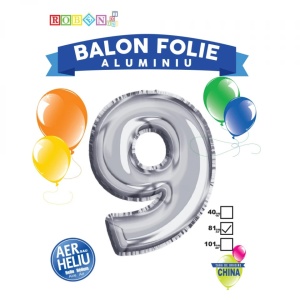 Balon, folie aluminiu, argintiu, cifra 9, 81 cm