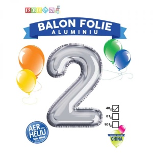 Balon, folie aluminiu, argintiu, cifra 2, 40 cm