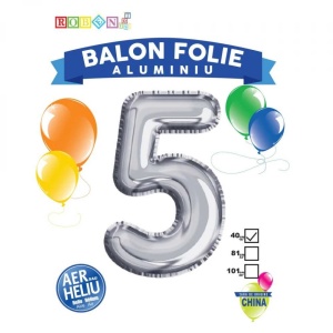 Balon, folie aluminiu, argintiu, cifra 5, 40 cm