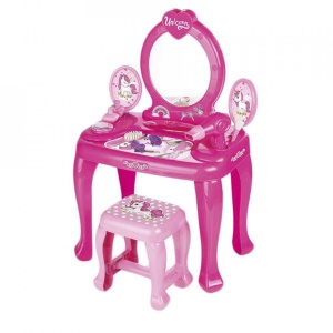 Masuta de machiaj cu oglinda, Roz - Unicorn + 15 accesorii - DOLU