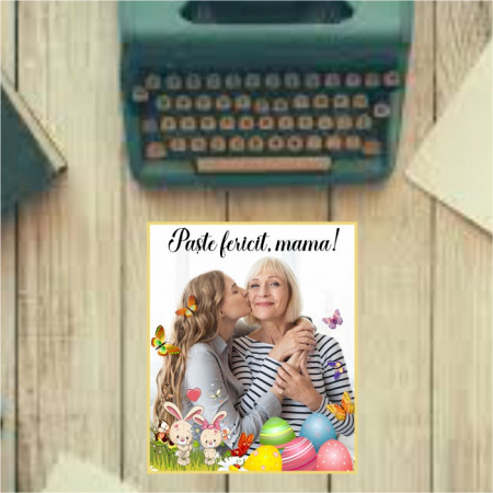 Magnet de frigider cu poză și text -Paște fericit-
