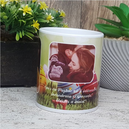 Cana personalizata cu 3 poze si text -Paște M2-