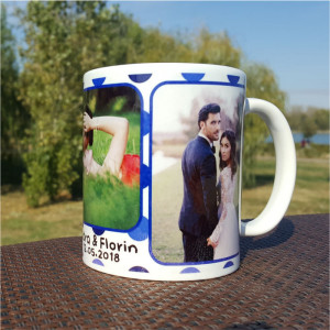 Cana personalizata cu 3 poze si text -model buline blue-