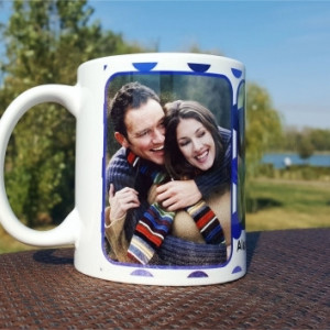 Cana personalizata cu 3 poze si text -model buline blue-