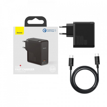 Incarcator +cablu USB C la USB C 100 W (20 V / 5 A) de 1.5m Baseus GaN2 (gallium nitride) 100 W Quick Charge 5 Power Delivery 3.0 black (TZCCGAN-L01)