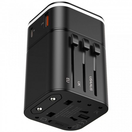 Incarcator telefon retea, Baseus, USB, USB-C, prevazut cu adaptor pentru toate tipurile de prize, negru