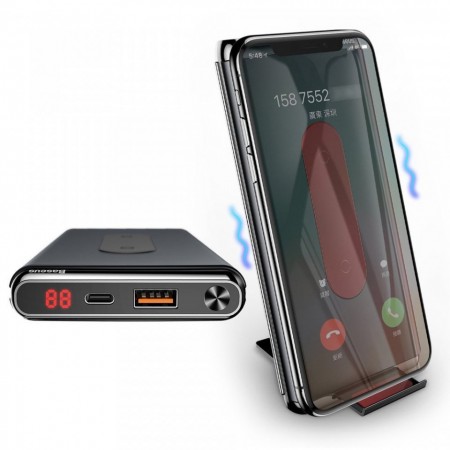 Baterie externa cu functie de stand ce suport incarcare wireless, Baseus Wifi Charger, 10000 mAh, 15W ,USB-C PD + Quick Charge 3.0 , negru