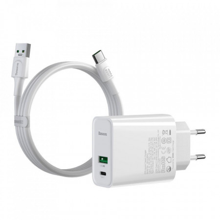 Incarcator priza USB / USB tip C rapid VOOC încărcare rapidă 4.0+ livrare de putere 3.0 + USB - cablu USB tip C 1m alb (TZCCFS-H02)