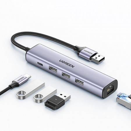Adaptor multifunctional Ugreen HUB USB Tip C - 3 x USB / Ethernet RJ-45 / USB Tip C PD gri (CM475)