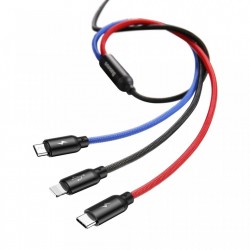 Cablu pentru incarcare pentru toate tipurile de dispozitive, Baseus Three Primary Colors USB, cu mufe Micro-USB, USB-C, Lightning, 3A, 1,2M, negru