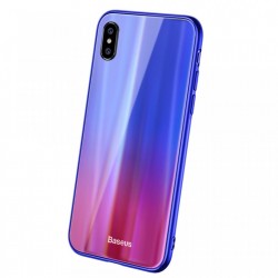 Husa telefon, Baseus Laser Luster, pentru iPhone X, cu margini din silicon si spate din sticla securizata, albastru+rosu