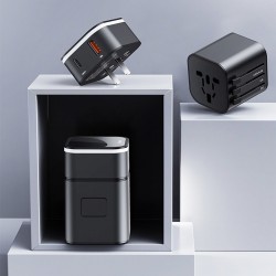 Incarcator telefon retea, Baseus, USB, USB-C, prevazut cu adaptor pentru toate tipurile de prize, negru