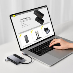 Adaptor HUB Baseus 6in1 multifunctional with power switch USB Type C - USB Type C Power Delivery 100 W / HDMI 4K 60 Hz / SD and microSD memory card reader / USB 3.2 Gen 1 / 3,5 mm mini jack gray (CAHUB-DA0G)