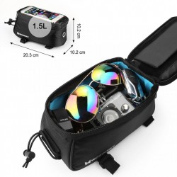 Borseta bicicleta Wozinsky cu husa telefon impermeabila pentru telefoane pana in 6.5 inch, cablu jack 3.5 mm inclus , montare pe cadru , 1.5 L , neagra