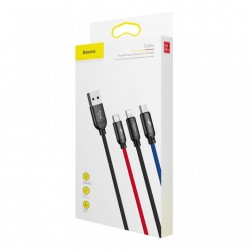 Cablu pentru incarcare pentru toate tipurile de dispozitive, Baseus Three Primary Colors USB, cu mufe Micro-USB, USB-C, Lightning, 3A, 1,2M, negru