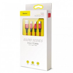 Cablu pentru incarcare pentru toate tipurile de dispozitive, Baseus Rapid USB, cu mufe Micro-USB, USB-C, Lightning, 3A, 1,2M, rosu