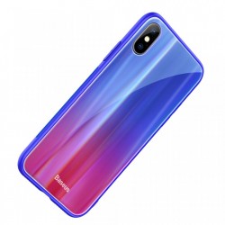 Husa telefon, Baseus Laser Luster, pentru iPhone X, cu margini din silicon si spate din sticla securizata, albastru+rosu
