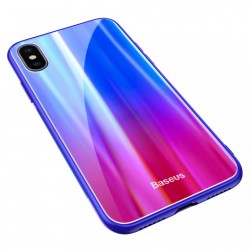 Husa telefon, Baseus Laser Luster, pentru iPhone X, cu margini din silicon si spate din sticla securizata, albastru+rosu