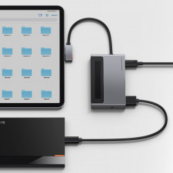 Adaptor HUB Baseus 6in1 multifunctional with power switch USB Type C - USB Type C Power Delivery 100 W / HDMI 4K 60 Hz / SD and microSD memory card reader / USB 3.2 Gen 1 / 3,5 mm mini jack gray (CAHUB-DA0G)