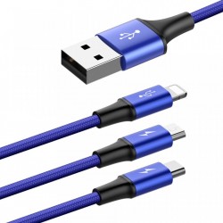 Cablu pentru incarcare pentru toate tipurile de dispozitive, Baseus Rapid USB, cu mufe Micro-USB, USB-C, Lightning, 3A, 1,2M, albastru