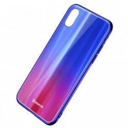 Husa telefon, Baseus Laser Luster, pentru iPhone X, cu margini din silicon si spate din sticla securizata, albastru+rosu