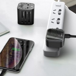 Incarcator telefon retea, Baseus, USB, USB-C, prevazut cu adaptor pentru toate tipurile de prize, negru
