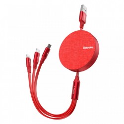 Cablu de date (lightning) si incarcare Baseus Fabric , 1.2 M , retractabil cu 3 capete 1 x USB C , 1 x micro-usb , 1 x lightning , rosu