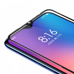 Folie din sticla full screen 3D curbata cu margini moi, filtru lumina albastra, Baseus, pentru Xiaomi Mi 9, 0.3 mm, negru