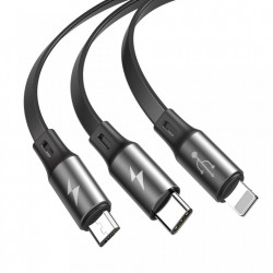 Cablu de date (lightning) si incarcare Baseus Fabric , 1.2 M , retractabil cu 3 capete 1 x USB C , 1 x micro-usb , 1 x lightning , negru