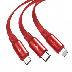Cablu de date (lightning) si incarcare Baseus Fabric , 1.2 M , retractabil cu 3 capete 1 x USB C , 1 x micro-usb , 1 x lightning , rosu