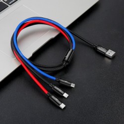 Cablu pentru incarcare pentru toate tipurile de dispozitive, Baseus Three Primary Colors USB, cu mufe Micro-USB, USB-C, Lightning, 3A, 1,2M, negru
