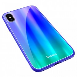 Husa telefon, Baseus Laser Luster, pentru iPhone X, cu margini din silicon si spate din sticla securizata, albastru+verde
