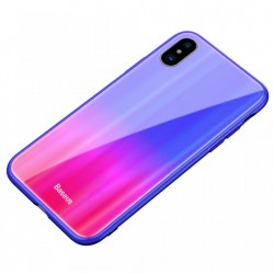 Husa telefon, Baseus Laser Luster, pentru iPhone X, cu margini din silicon si spate din sticla securizata, albastru+rosu