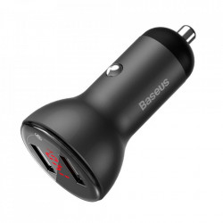 Incarcator auto Baseus 2x USB 45 W 5 A Quick Charge 3.0 Huawei SCP cu display LED + cablu USB Type C gray (TZCCBX-B0G)
