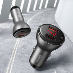 Incarcator auto + cablu Type-c la Type-c, Baseus USB / USB Type C 45 W 5 A SCP Quick Charge 4.0+ Power Delivery 3.0 LCD display black (TZCCBX-C0G)