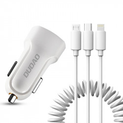 Kit incarcator auto DUDAO 2X USB 2.4A + cablu USB 3 in 1 - alb