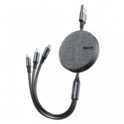 Cablu de date (lightning) si incarcare Baseus Fabric , 1.2 M , retractabil cu 3 capete 1 x USB C , 1 x micro-usb , 1 x lightning , negru