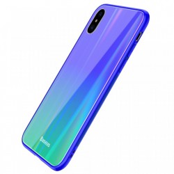 Husa telefon, Baseus Laser Luster, pentru iPhone X, cu margini din silicon si spate din sticla securizata, albastru+verde