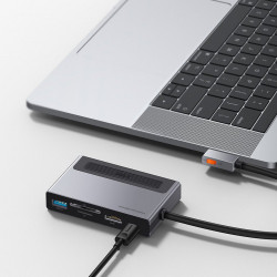 Adaptor HUB Baseus 6in1 multifunctional with power switch USB Type C - USB Type C Power Delivery 100 W / HDMI 4K 60 Hz / SD and microSD memory card reader / USB 3.2 Gen 1 / 3,5 mm mini jack gray (CAHUB-DA0G)