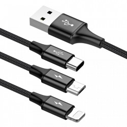 Cablu pentru incarcare pentru toate tipurile de dispozitive, Baseus Rapid USB, cu mufe Micro-USB, USB-C, Lightning, 3A, 1,2M, negru