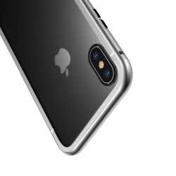 Husa de protectie hibrida din sticla transparenta si rama magnetica, Baseus Magnetite , iPhone XS Max, contur argintiu