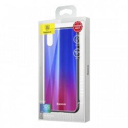 Husa telefon, Baseus Laser Luster, pentru iPhone X, cu margini din silicon si spate din sticla securizata, albastru+rosu