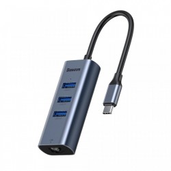 Adaptor USB-C la 3x USB 3.0 + RJ45 (LAN), Baseus Enjoy HUB, gri