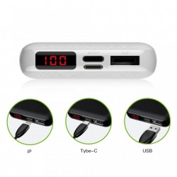 Baterie externa/Power bank mini cu ecran digital , Baseus Mini S , 10000 mAh USB + USB-C PD + Lightning , alba