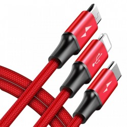 Cablu pentru incarcare pentru toate tipurile de dispozitive, Baseus Rapid USB, cu mufe Micro-USB, USB-C, Lightning, 3A, 1,2M, rosu