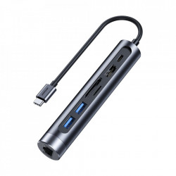 Hub USB multifunctional Joyroom 7in1 tip C / 2 x USB 3.0 / HDMI 4K 30Hz / RJ-45 / Cititor de carduri SD si Micro SD 100W 15cm gri (S-H111)