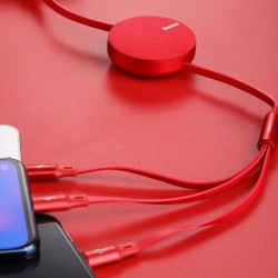Cablu de date (lightning) si incarcare Baseus Fabric , 1.2 M , retractabil cu 3 capete 1 x USB C , 1 x micro-usb , 1 x lightning , rosu