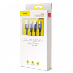 Cablu pentru incarcare pentru toate tipurile de dispozitive, Baseus Rapid USB, cu mufe Micro-USB, USB-C, Lightning, 3A, 1,2M, albastru