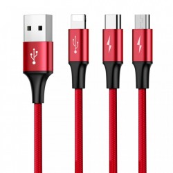 Cablu pentru incarcare pentru toate tipurile de dispozitive, Baseus Rapid USB, cu mufe Micro-USB, USB-C, Lightning, 3A, 1,2M, rosu